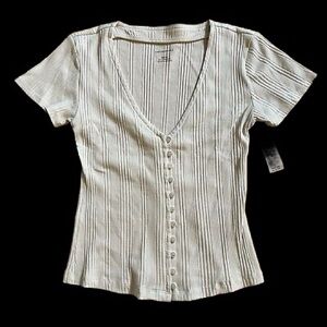 NWOT Anthropologie Size L MIKA RIBBED TOP Low Cut V Neck BUTTON Down Top Cream